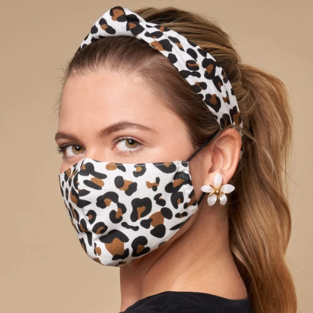 LELE SADOUGHI NWT AUTHENTIC IVORY LEOPARD COTTON BLEND FACE MASK & HEADB…
